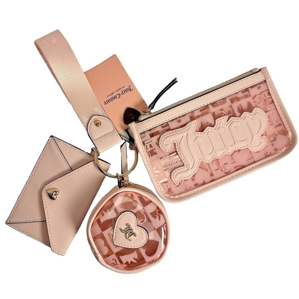 Juicy Couture Paradise 3‎ Pc Pouch Set Powder Blush Pink Wristlet Coin Purse